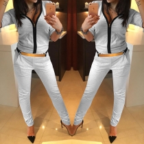 Fashion Short Sleeve V-neck Tops + High Waist Pants Two-piece Set