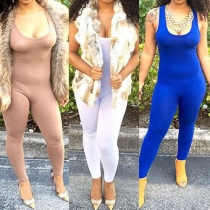 Fashion Solid Color Sleeveless Round Neck Slim Fit Jumpsuits
