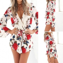 Sexy Deep V-neck Long Sleeve Printed Rompers