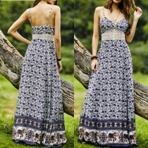 Sexy Backless V-neck Lace Spliced High Waist Printed Sling Maxi Dress