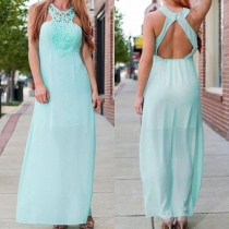 Sexy Backless Lace Spliced Solid Color Chiffon Maxi Dress
