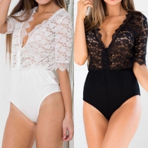 Sexy Deep V-neck Lace Spliced Half Sleeve Rompers