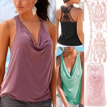 Sexy Backless Lace Spliced Cowl neck Sleeveless Tops