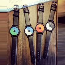 Fashion PU Leather Watch Band Contrast Color Round Dial Quartz Watch