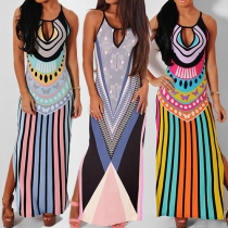 Fashion V-neck Slit Hem Printed Sling Maxi Dress