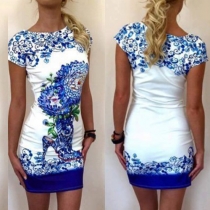 Bohemian Style Short Sleeve Round Neck Slim Fit Printed Dress