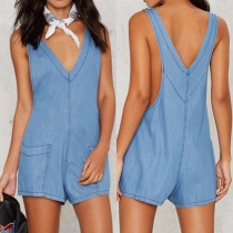 Sexy Backless Deep V-neck Sleeveless Denim Rompers