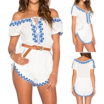 Bohemian Style Slash Neck Embroidery Gathered Waist Rompers