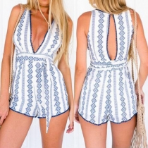 Sexy Backless Deep V-neck Sleeveless Printed Rompers