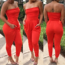 Sexy Strapless High Waist Slim Fit Solid Color Jumpsuits
