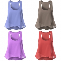 Fashion Solid Color Sleeveless Round Neck Irregular Hem Chiffon Tops 