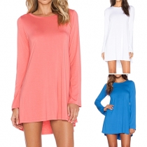 Fashion Solid Color Long Sleeve Round Neck Dress