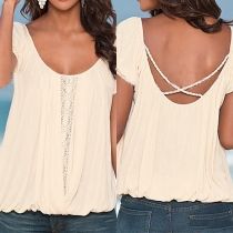 Sexy Backless Short Sleeve Round Neck Solid Color Tops