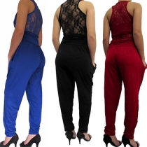 Sexy Hollow Out Lace Spliced V-neck Sleeveless Slim Fit Jumpsuits