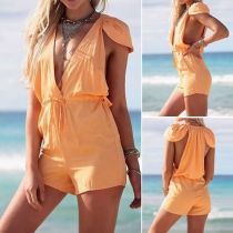 Sexy Deep V-neck Gathered Waist Solid Color Rompers
