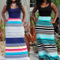 Sexy Backless Sleeveless Round Neck Colorful Striped Maxi Dress