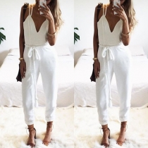 Sexy Deep V-neck High Waist Solid Color Sling Jumpsuits