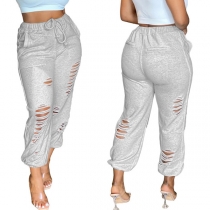 Distressed Style Solid Color Ripped Casual Pants