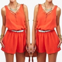 Fashion Solid Color Sleeveless V-neck Gathered Waist Rompers