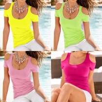 Sexy Off-shoulder Short Sleeve Round Neck Solid Color T-shirt