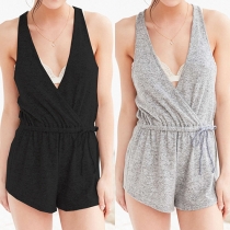 Sexy Backless Deep V-neck Sleeveless Solid Color Rompers