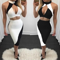 Sexy Contrast Color Hollow Out Crop Tops + High Waist Bust Skirt Two-piece Set