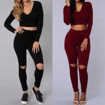 Fashion Long Sleeve Hooded Crop Tops + High Waist Pants Two-piece Set