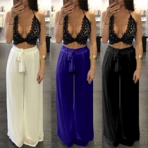 Sexy Backless Deep V-neck Lace Tops + High Waist Wide Leg Pants Two-piece Set