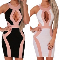 Sexy Contrast Color Hollow Out Sleeveless Bodycon Dress