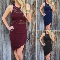 Fashion Sleeveless Round Neck Irregular Hem Slim Fit Lace Dress