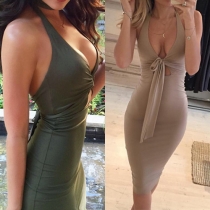 Sexy Backless Deep V-neck Sleeveless Solid Color Bodycon Dress