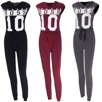 Fashion Letters Printed Sleeveless Hooded Slim Fit Jumpsuits