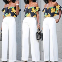 Sexy Slash Neck Printed Tops + High Waist Wide Leg Pants Two-piece Set