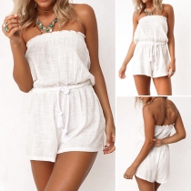 Sexy Strapless Gathered Waist Solid Color Rompers
