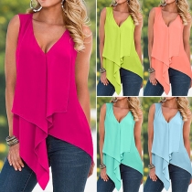 Fashion Solid Color Sleeveless V-neck Irregular Hem Chiffon Tops