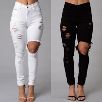 Distressed Style High Waist Slim Fit Stretch Jeans