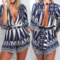 Sexy Backless Deep V-neck Printed Rompers