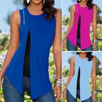 Fashion Solid Color Sleeveless Round Neck Slit Hem Tops