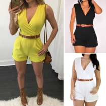 Sexy Deep V-neck Sleeveless High Waist Rompers with Waistband