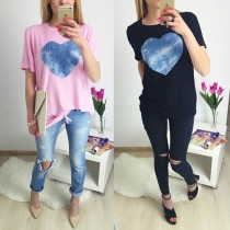 Fashion Heart Pattern Short Sleeve Round Neck T-shirt