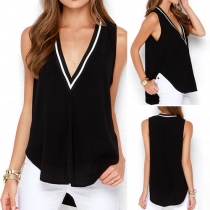 Sexy Deep V-neck Sleeveless High-low Hem Chiffon Tops