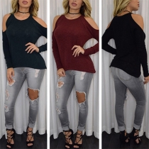 Sexy Off-shoulder Long Sleeve Round Neck Solid Color T-shirt