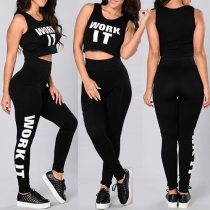 Fashion Letters Printed Crop Tops + High Waist Pants Two-piece Set