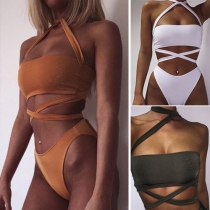 Sexy Solid Color Crossover Hollow Out Two-piece Swimsuit