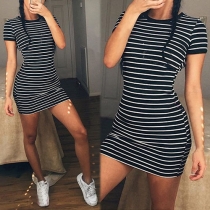 Fashion Short Sleeve Round Neck Slim Fit Striped Dress