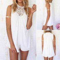 Fashion Lace Crochet Spliced Sleeveless Solid Color Rompers