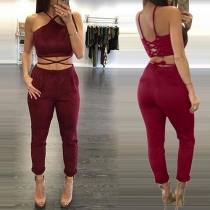 Sexy Backless Lace-up Crop Tops + High Waist Pants Two-piece Set