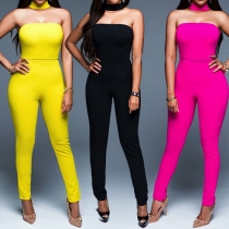 Sexy Strapless High Waist Slim Fit Solid Color Jumpsuits