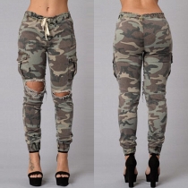 Fashion Elastic Waist Camouflage Printed Ripped Pants