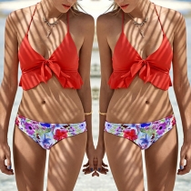 Sexy Flouncing Halter Bra + Printed Briefs Bikini Set